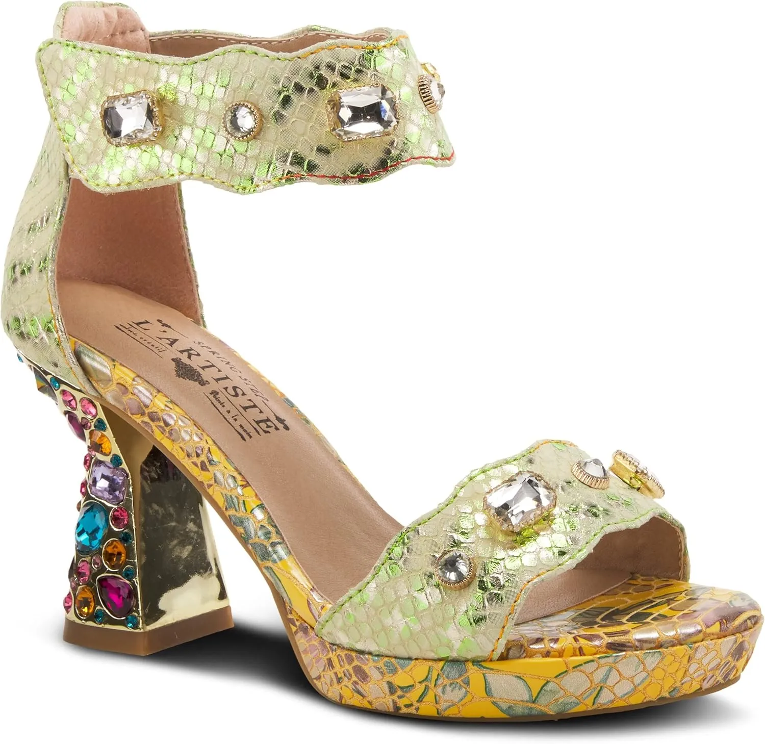 L'Artiste Jewell Women's Leather Sandals with Crystals, Strap, and Jewel Heel