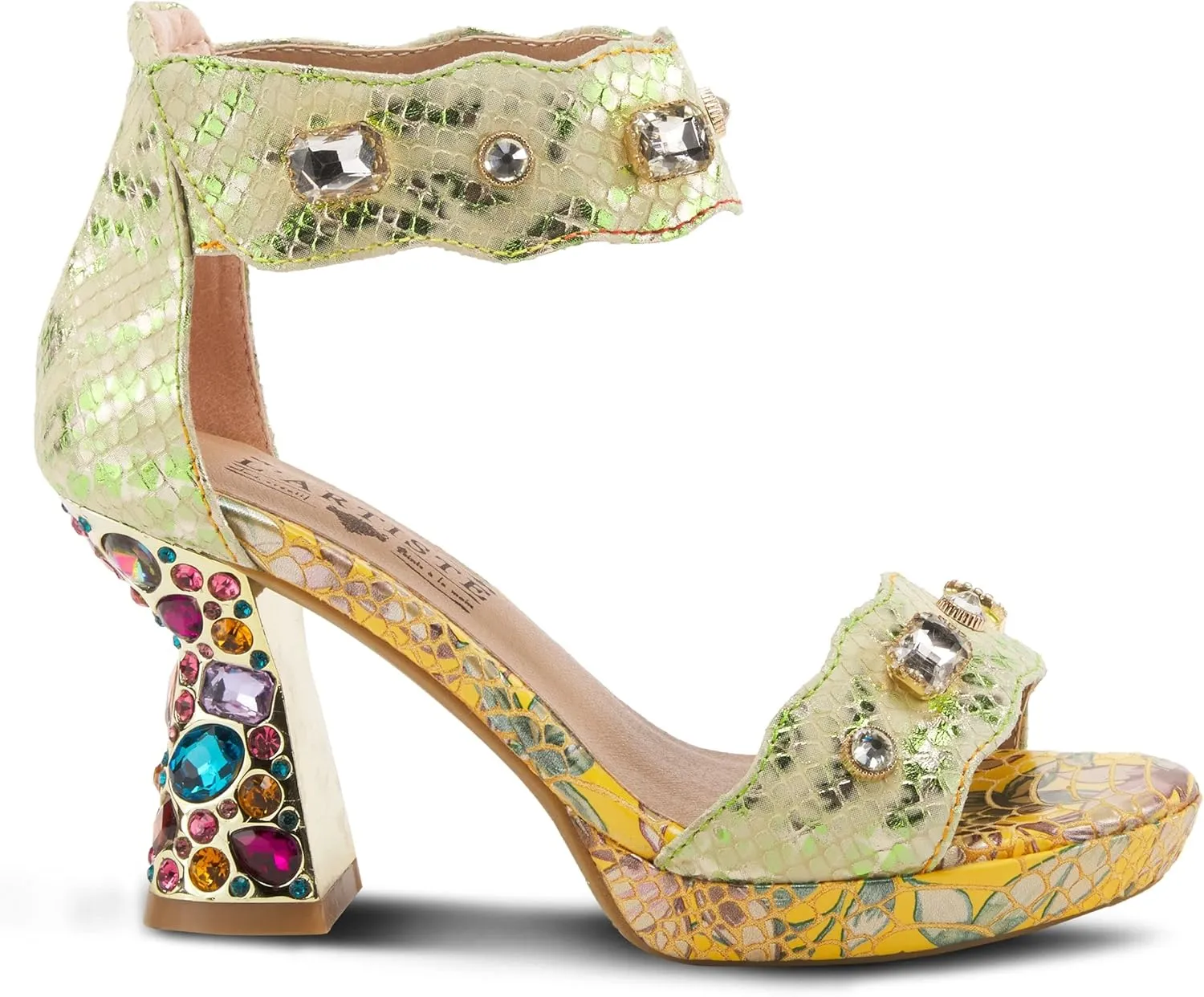 L'Artiste Jewell Women's Leather Sandals with Crystals, Strap, and Jewel Heel