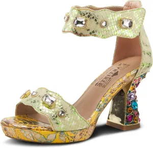 L'Artiste Jewell Women's Leather Sandals with Crystals, Strap, and Jewel Heel