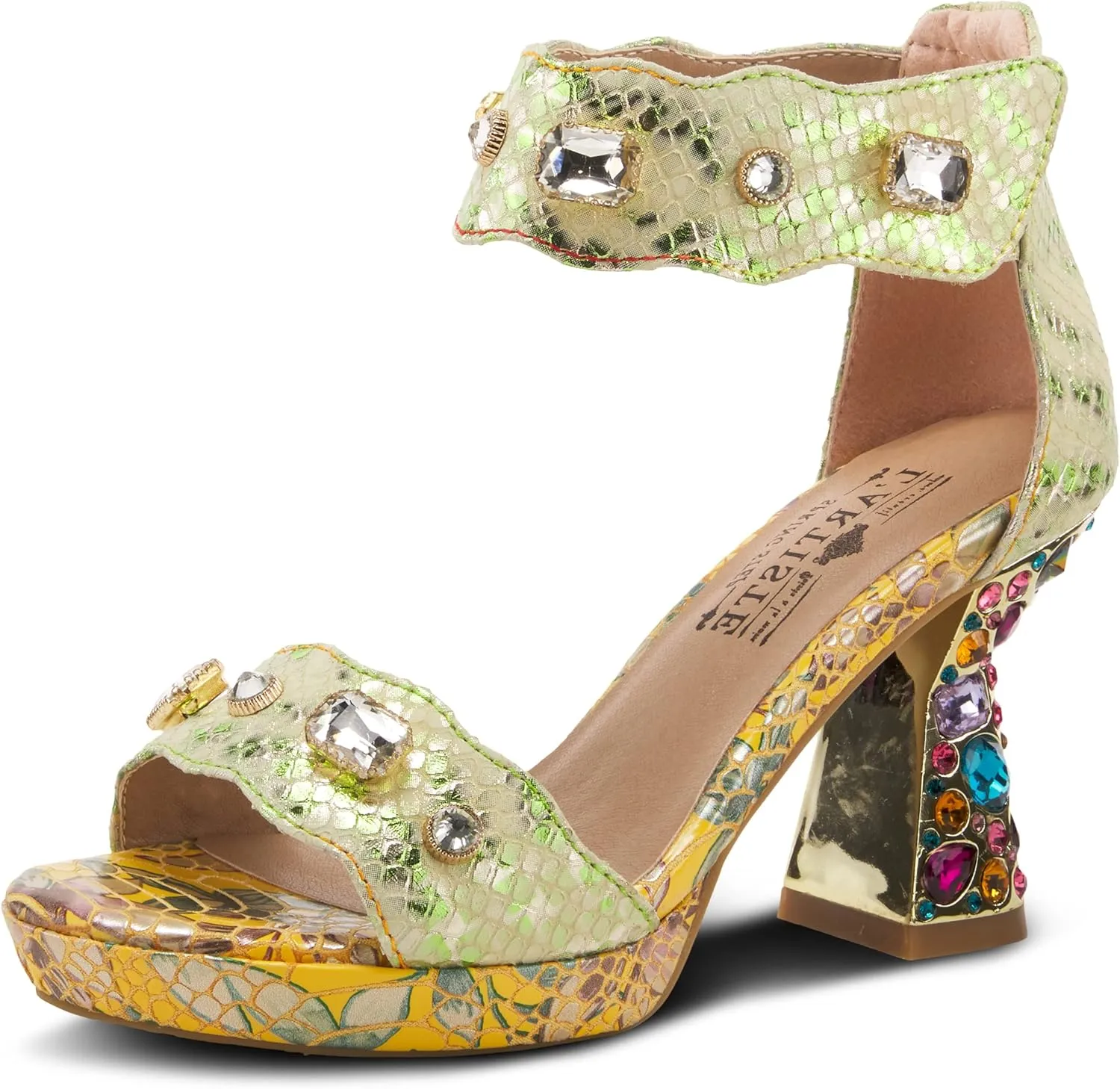 L'Artiste Jewell Women's Leather Sandals with Crystals, Strap, and Jewel Heel