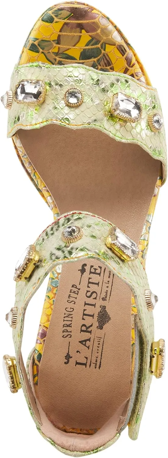 L'Artiste Jewell Women's Leather Sandals with Crystals, Strap, and Jewel Heel