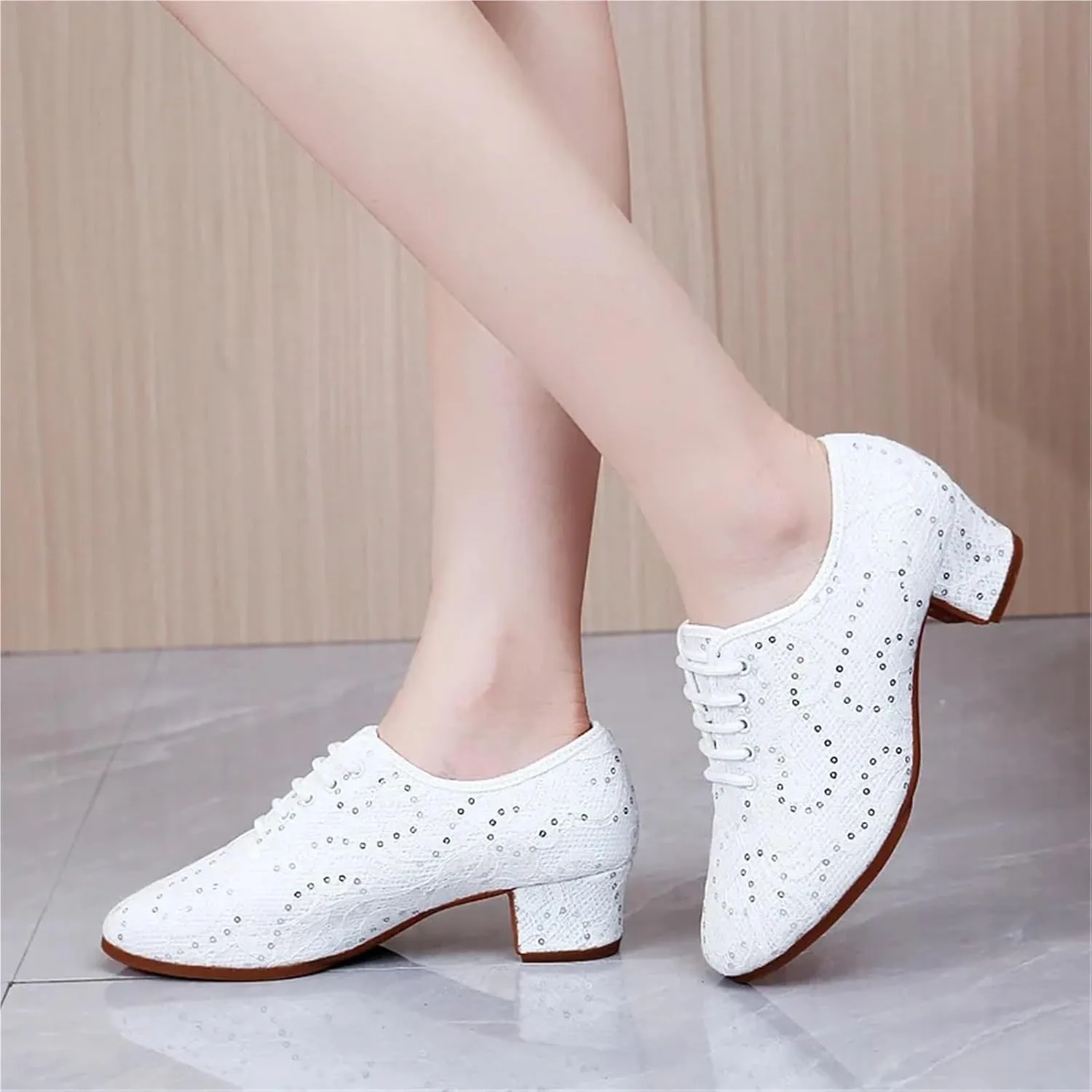 Latin Dance Shoes for Women Sequin Women Ballroom Tango Salsa Latin Dance Shoes Oxford Teacher Shoes Sneakers Heel(White 55mm Outdoor,Size 36-220mm)