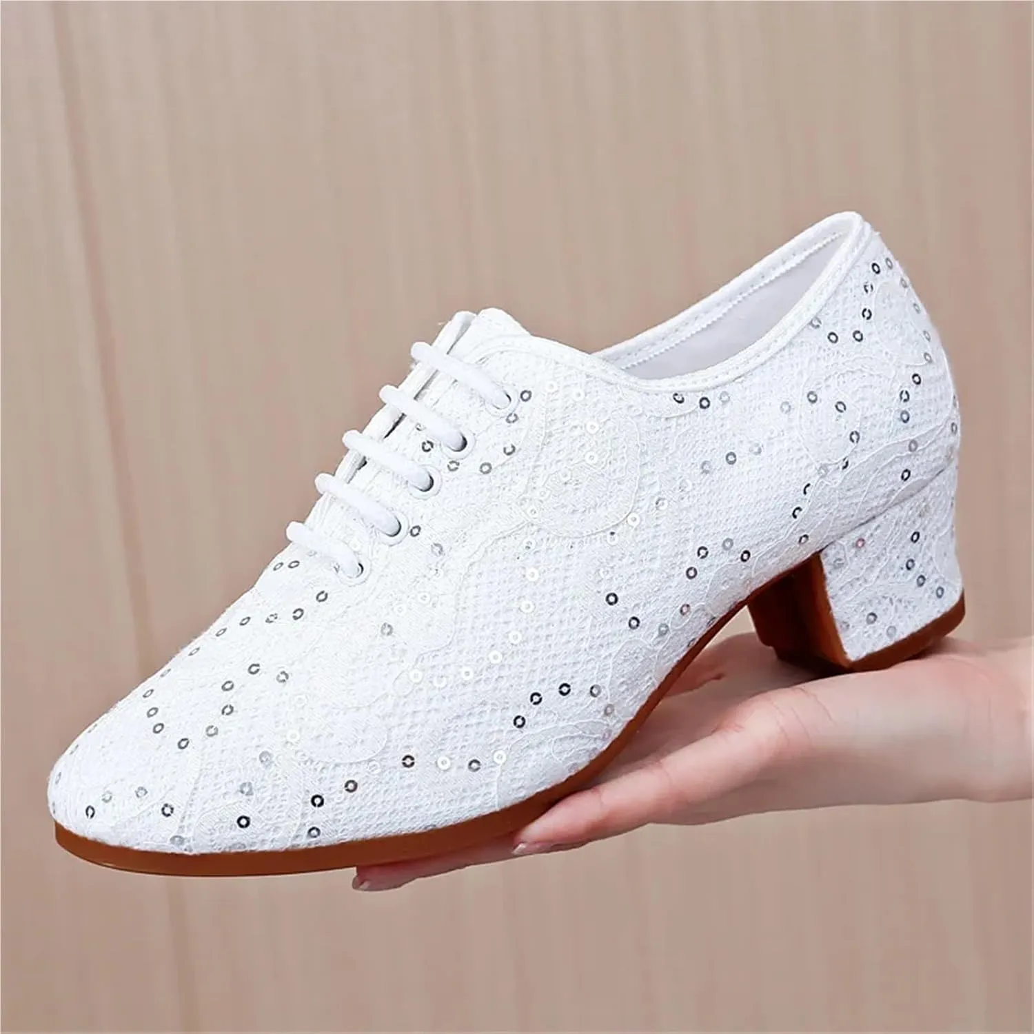 Latin Dance Shoes for Women Sequin Women Ballroom Tango Salsa Latin Dance Shoes Oxford Teacher Shoes Sneakers Heel(White 55mm Outdoor,Size 36-220mm)
