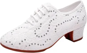 Latin Dance Shoes for Women Sequin Women Ballroom Tango Salsa Latin Dance Shoes Oxford Teacher Shoes Sneakers Heel(White 55mm Outdoor,Size 36-220mm)