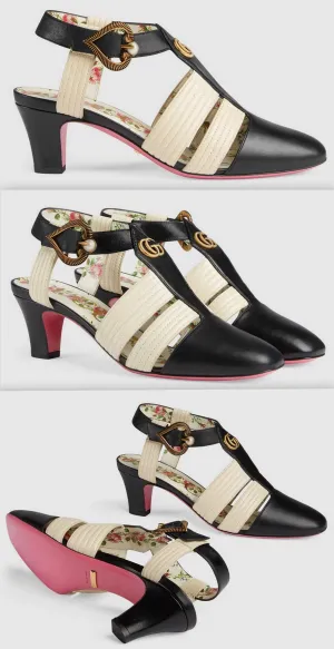Leather Mid-Heel T-Strap Sandal - Black and White