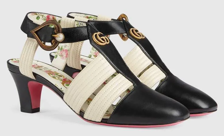 Leather Mid-Heel T-Strap Sandal - Black and White