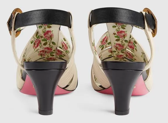 Leather Mid-Heel T-Strap Sandal - Black and White