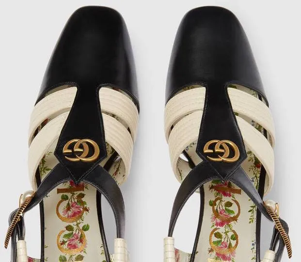 Leather Mid-Heel T-Strap Sandal - Black and White