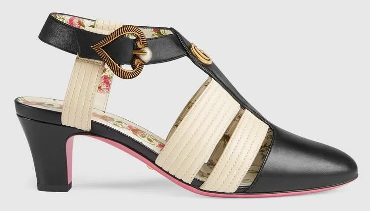 Leather Mid-Heel T-Strap Sandal - Black and White