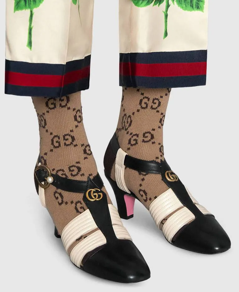 Leather Mid-Heel T-Strap Sandal - Black and White