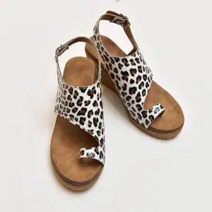 Leather Slipper Summer Comfortable Vintage Casual Beach Open Toe Slip on Mules Wedge Sandals Bunion Corrector Toe Platform Shoes Buckle Ankle Strap Leather Flip Flops,Leopard,US7/EU38