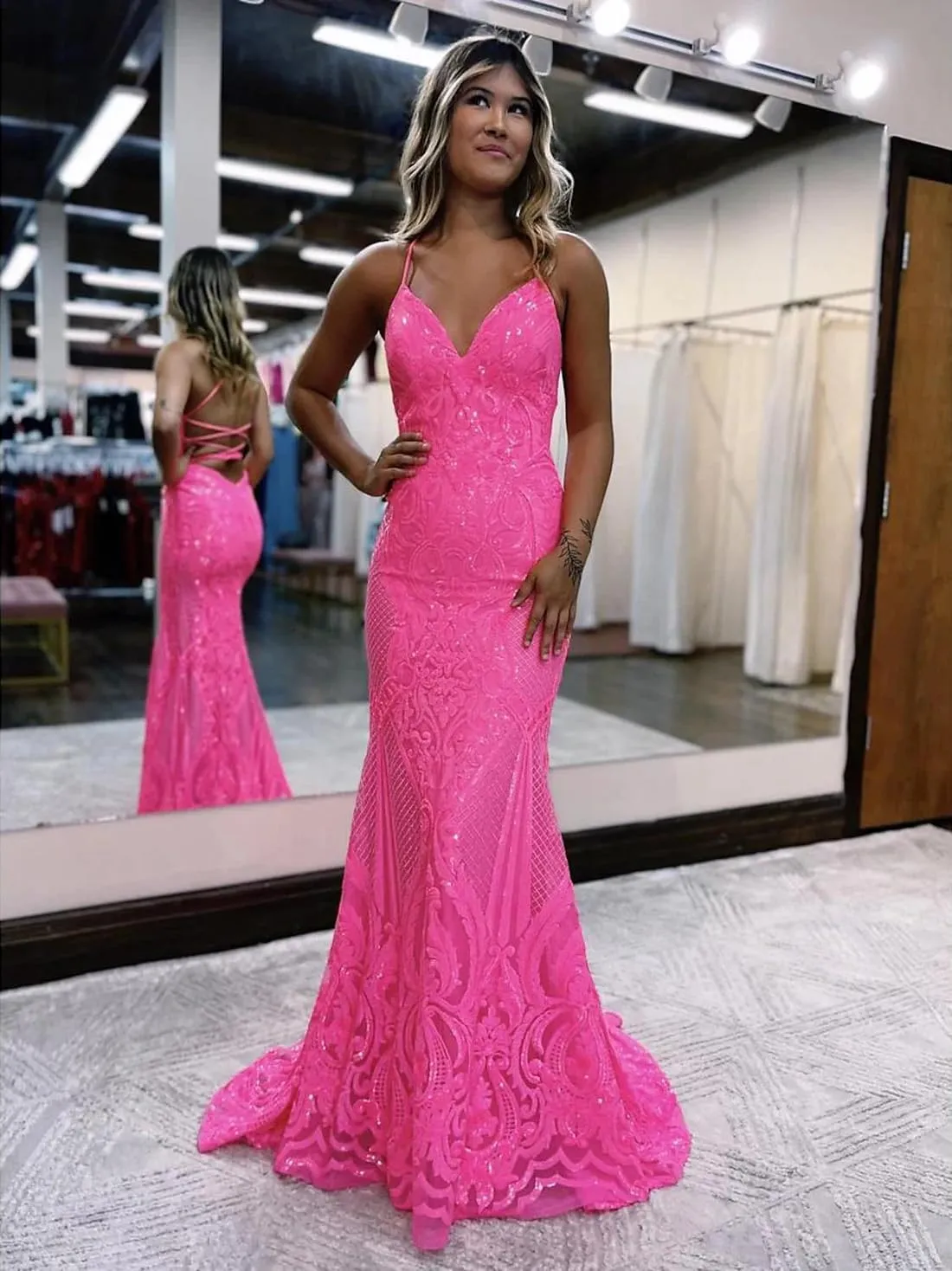 Long Prom Dresses Sparkle & Shine Formal Wedding Guest Party Sequin Dress V Neck Sequined Backless