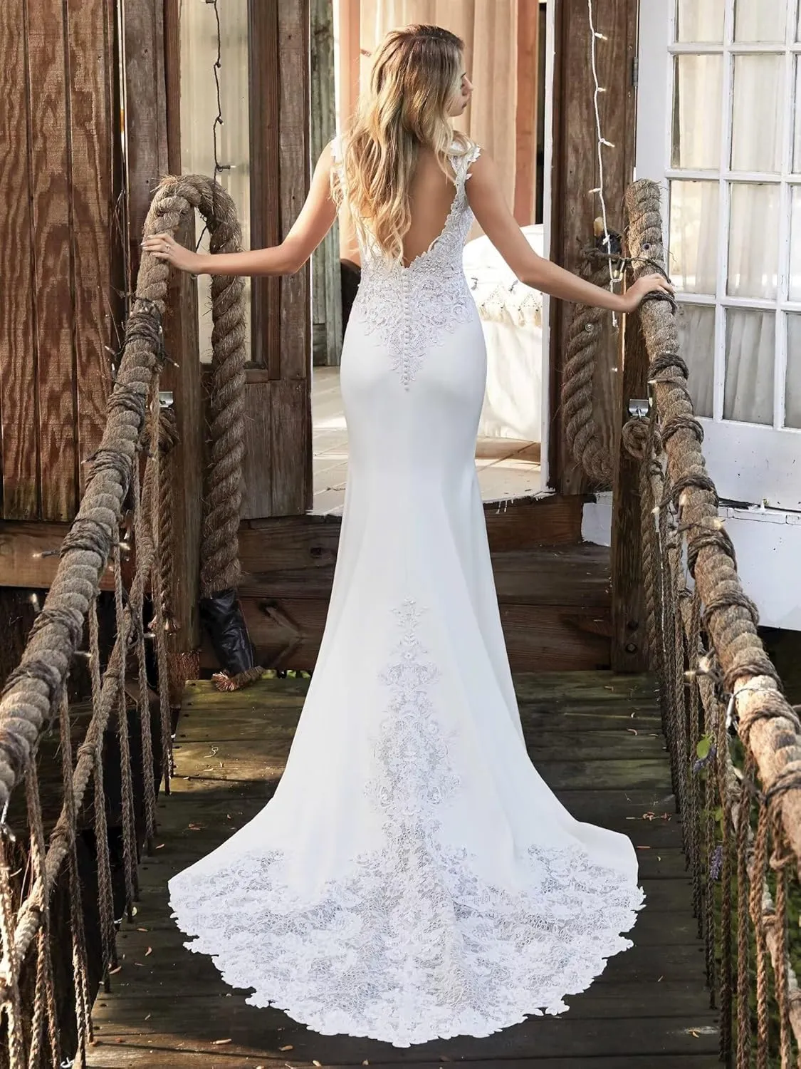 Long Sleeve Wedding Dresses for Bride Lace Beach Boho Wedding Bridal Gowns for Women Country Wedding Dress
