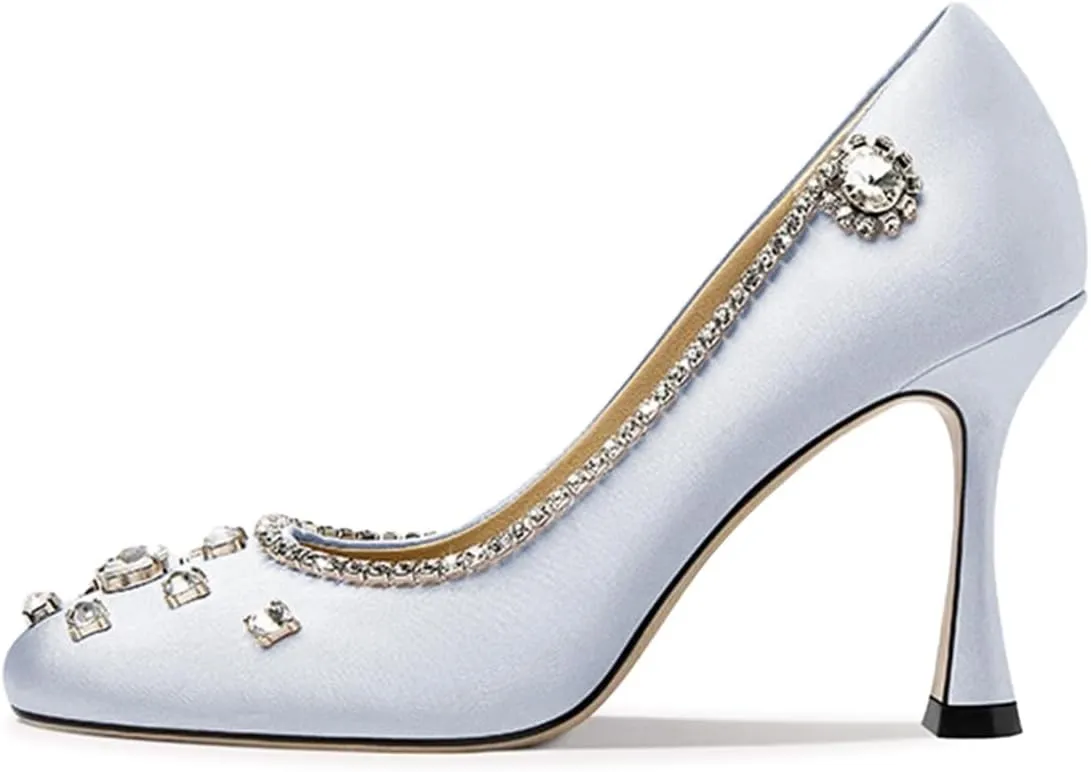 Maiyang Women Square Toe Rhinestone Studded Graceful Satin Pumps Slip on High Heel Wedding Party Formal Shoes Size 4-16 US