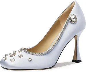 Maiyang Women Square Toe Rhinestone Studded Graceful Satin Pumps Slip on High Heel Wedding Party Formal Shoes Size 4-16 US