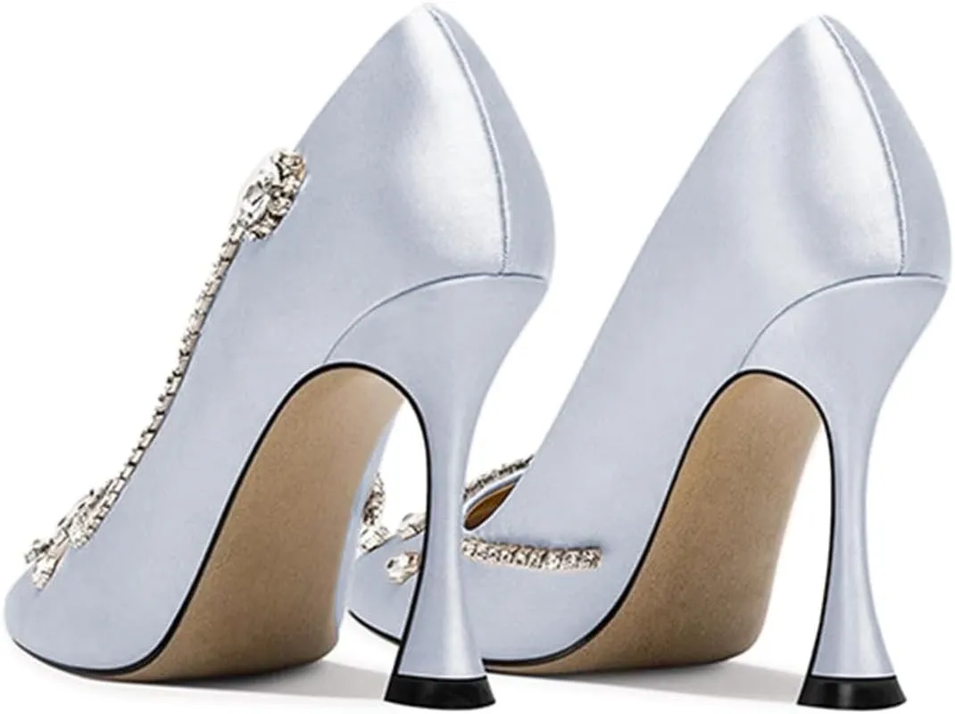 Maiyang Women Square Toe Rhinestone Studded Graceful Satin Pumps Slip on High Heel Wedding Party Formal Shoes Size 4-16 US