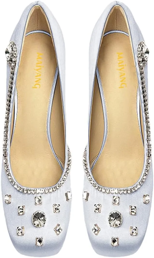 Maiyang Women Square Toe Rhinestone Studded Graceful Satin Pumps Slip on High Heel Wedding Party Formal Shoes Size 4-16 US