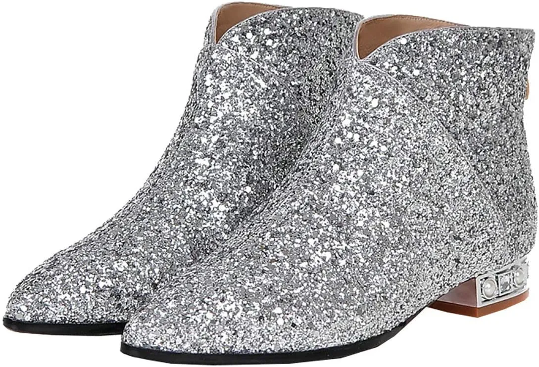 MAVMAX Sequin Low Heeled Ankle Boots Sparkly Block Heel Booties Shiny Glitter Flats Wedding Shoes for Women