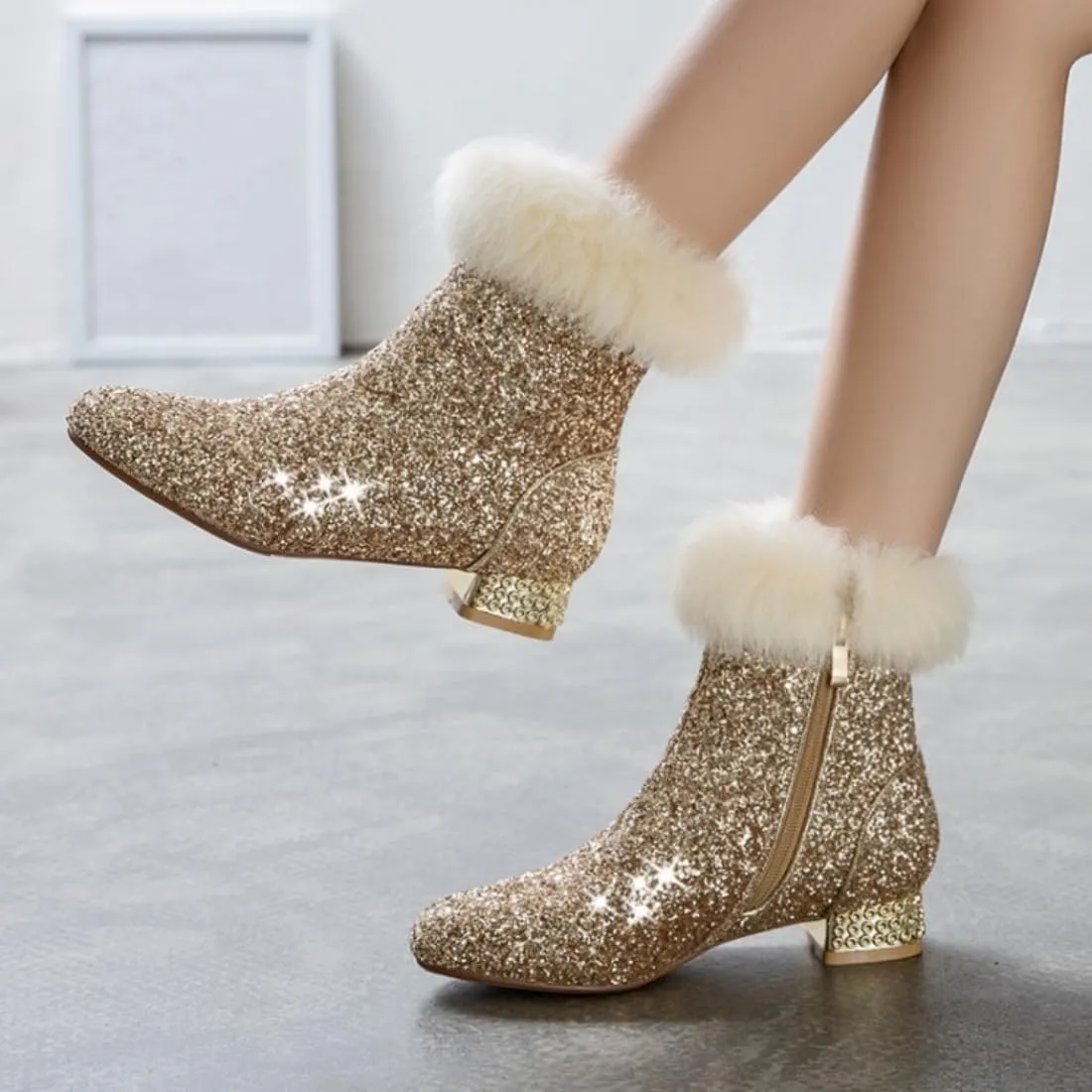 MAVMAX Sequin Low Heeled Ankle Boots Women Sparkly Glitter Block Heel Booties