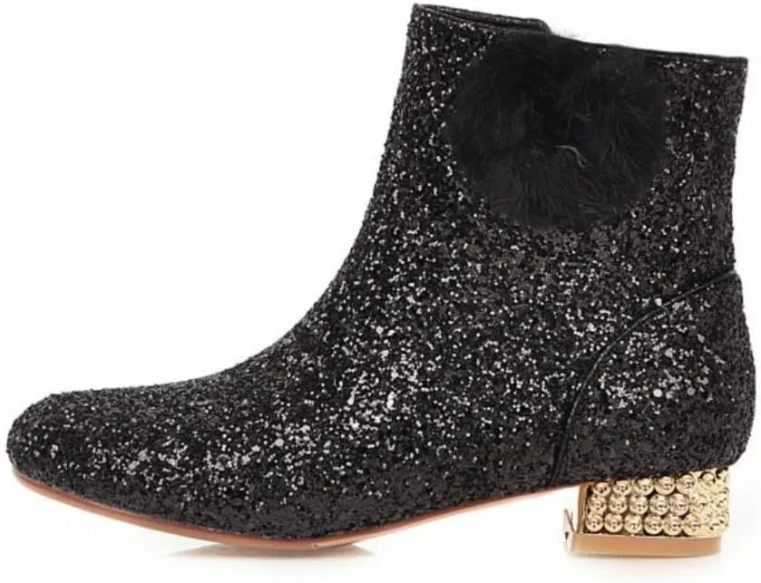 MAVMAX Sequin Low Heeled Ankle Boots Women Sparkly Glitter Block Heel Booties