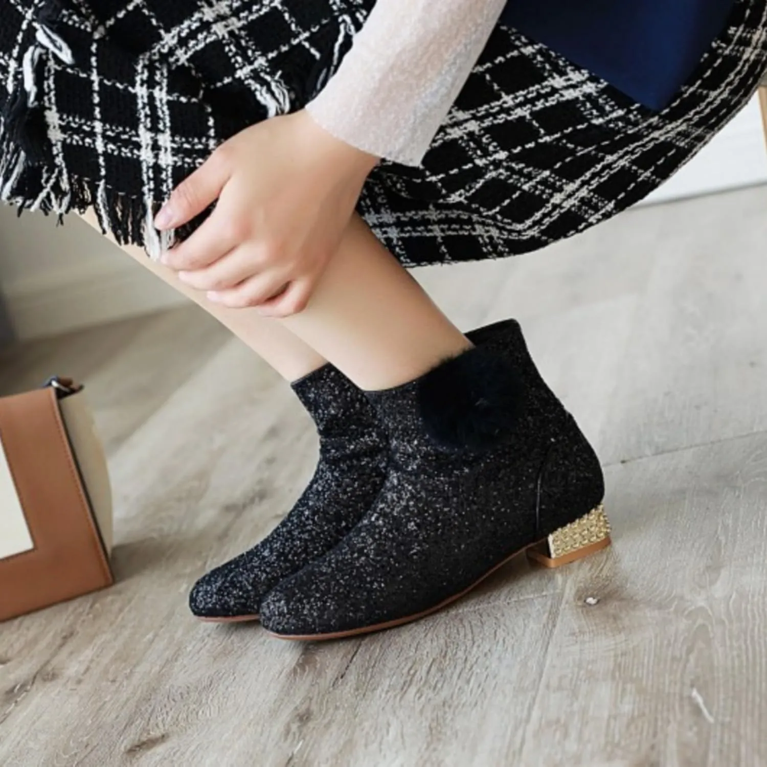 MAVMAX Sequin Low Heeled Ankle Boots Women Sparkly Glitter Block Heel Booties