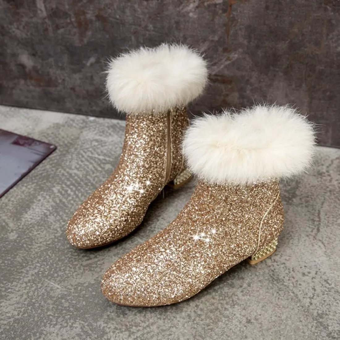 MAVMAX Sequin Low Heeled Ankle Boots Women Sparkly Glitter Block Heel Booties