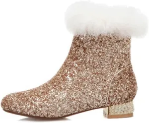 MAVMAX Sequin Low Heeled Ankle Boots Women Sparkly Glitter Block Heel Booties
