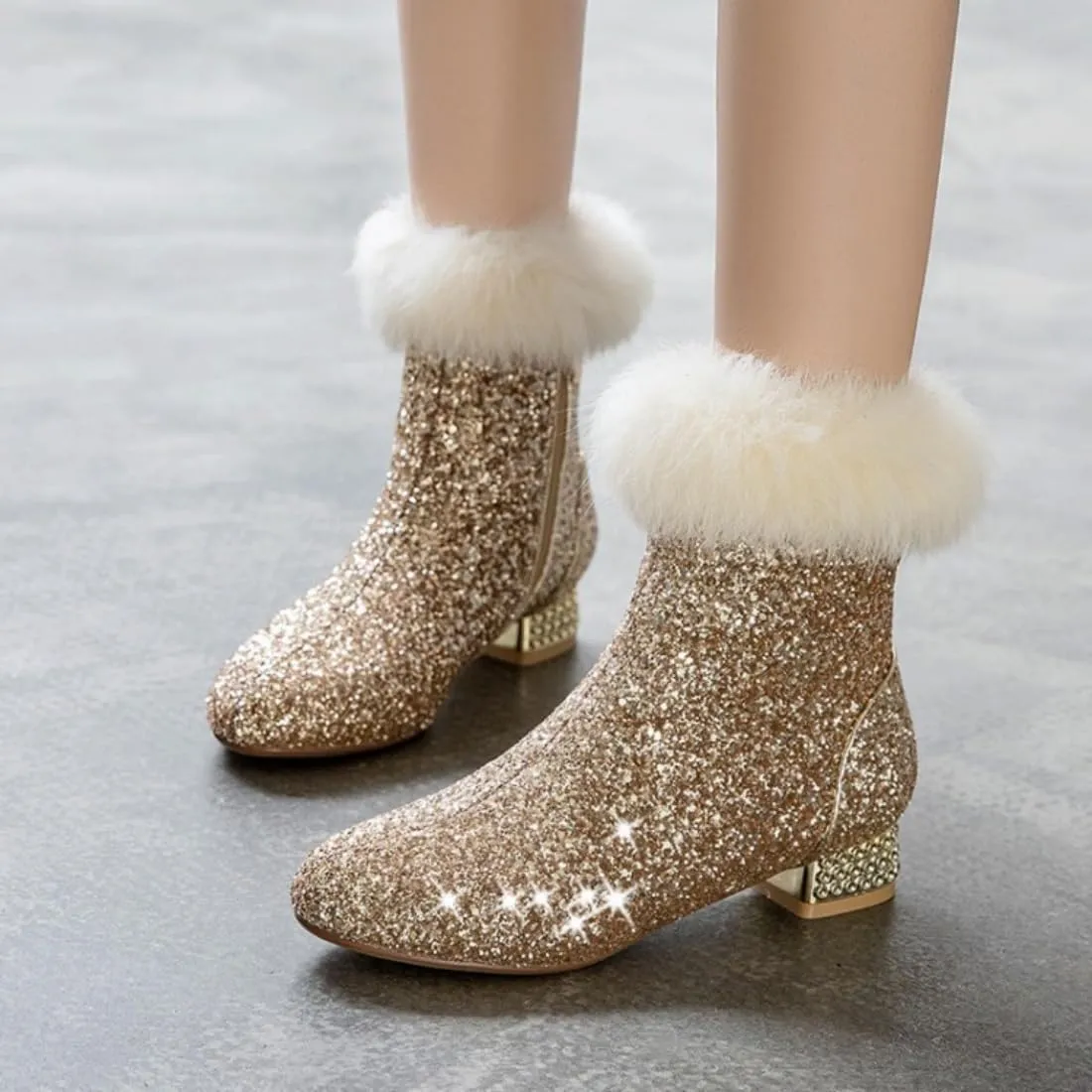 MAVMAX Sequin Low Heeled Ankle Boots Women Sparkly Glitter Block Heel Booties