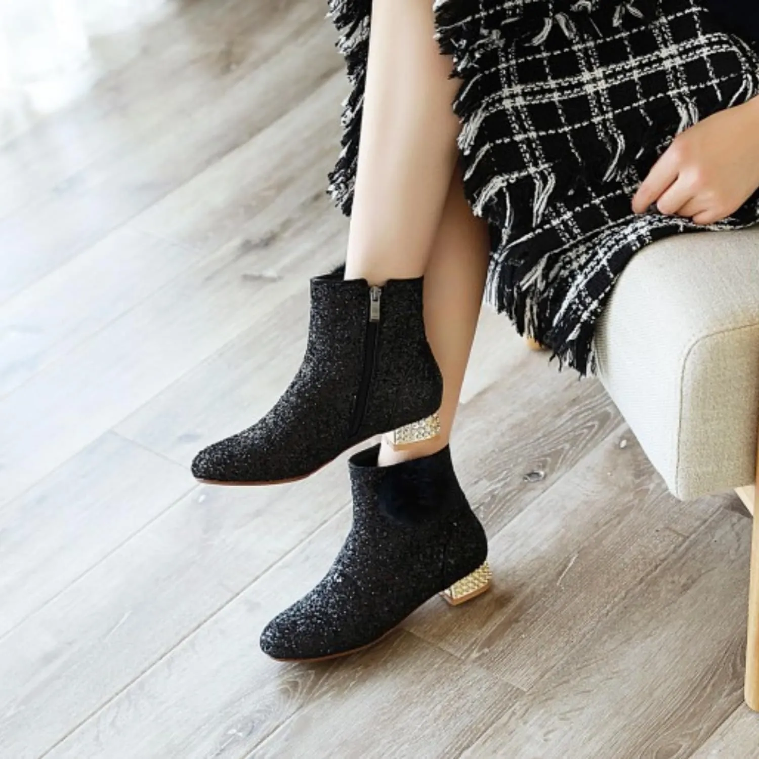 MAVMAX Sequin Low Heeled Ankle Boots Women Sparkly Glitter Block Heel Booties