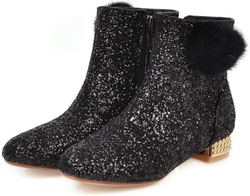 MAVMAX Sequin Low Heeled Ankle Boots Women Sparkly Glitter Block Heel Booties