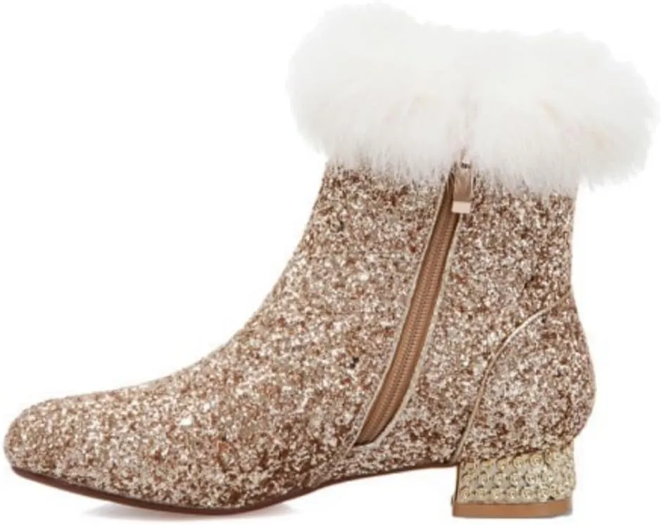 MAVMAX Sequin Low Heeled Ankle Boots Women Sparkly Glitter Block Heel Booties
