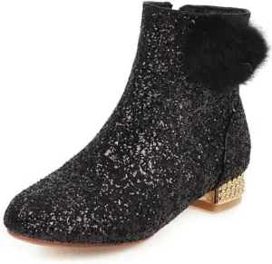 MAVMAX Sequin Low Heeled Ankle Boots Women Sparkly Glitter Block Heel Booties