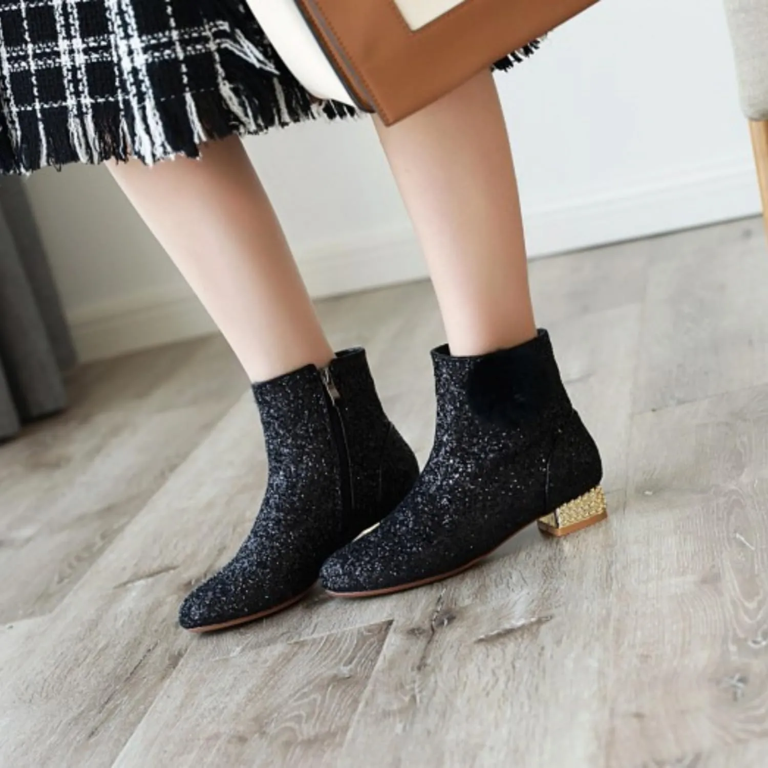 MAVMAX Sequin Low Heeled Ankle Boots Women Sparkly Glitter Block Heel Booties