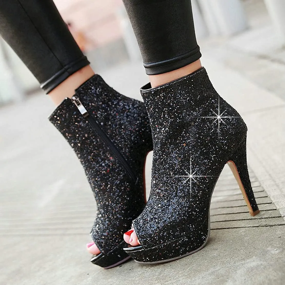 MAVMAX Women's Sequin Glitter Ankle Boots Peep Toe Platform High Heel Stilettos Sparkly Wedding Booties…