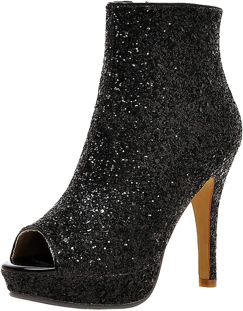 MAVMAX Women's Sequin Glitter Ankle Boots Peep Toe Platform High Heel Stilettos Sparkly Wedding Booties…