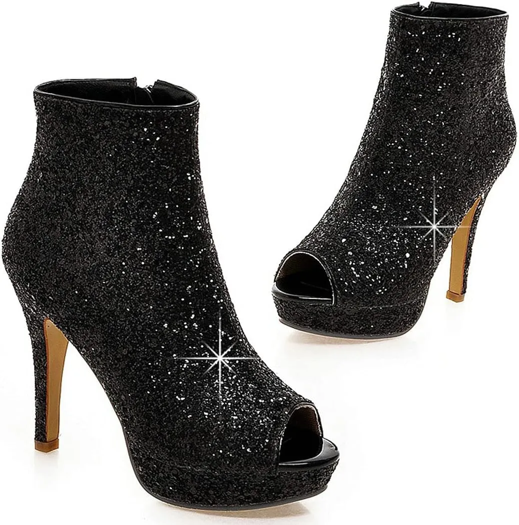 MAVMAX Women's Sequin Glitter Ankle Boots Peep Toe Platform High Heel Stilettos Sparkly Wedding Booties…
