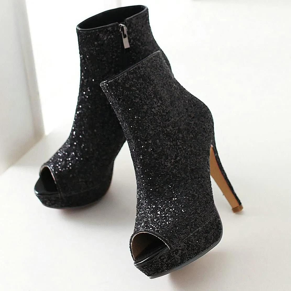 MAVMAX Women's Sequin Glitter Ankle Boots Peep Toe Platform High Heel Stilettos Sparkly Wedding Booties…