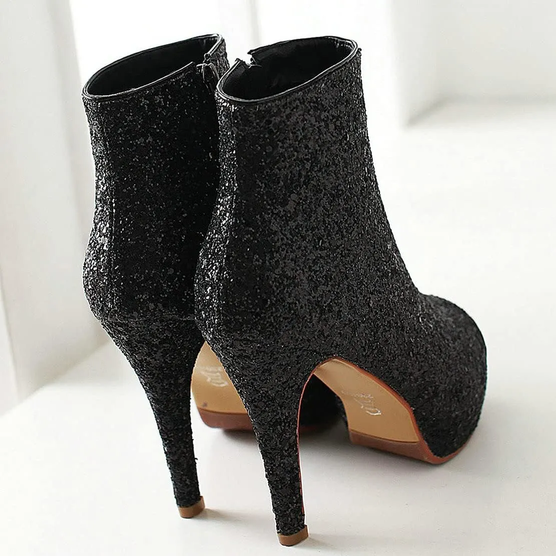 MAVMAX Women's Sequin Glitter Ankle Boots Peep Toe Platform High Heel Stilettos Sparkly Wedding Booties…