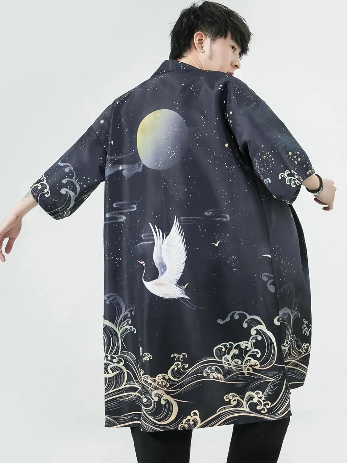 Men Japanese Kimono Coat Loose Yukata Outwear Long Bathrobe Tops Vintage