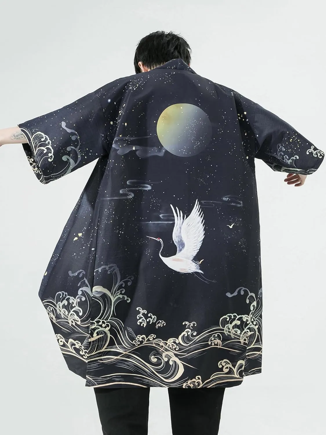 Men Japanese Kimono Coat Loose Yukata Outwear Long Bathrobe Tops Vintage