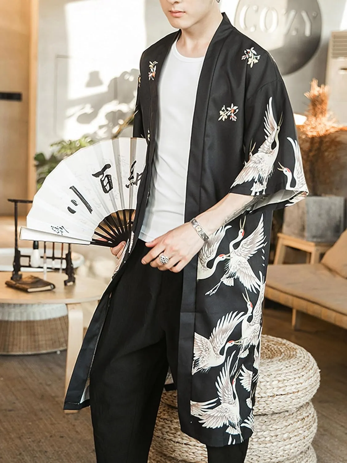 Men Japanese Kimono Coat Loose Yukata Outwear Long Bathrobe Tops Vintage