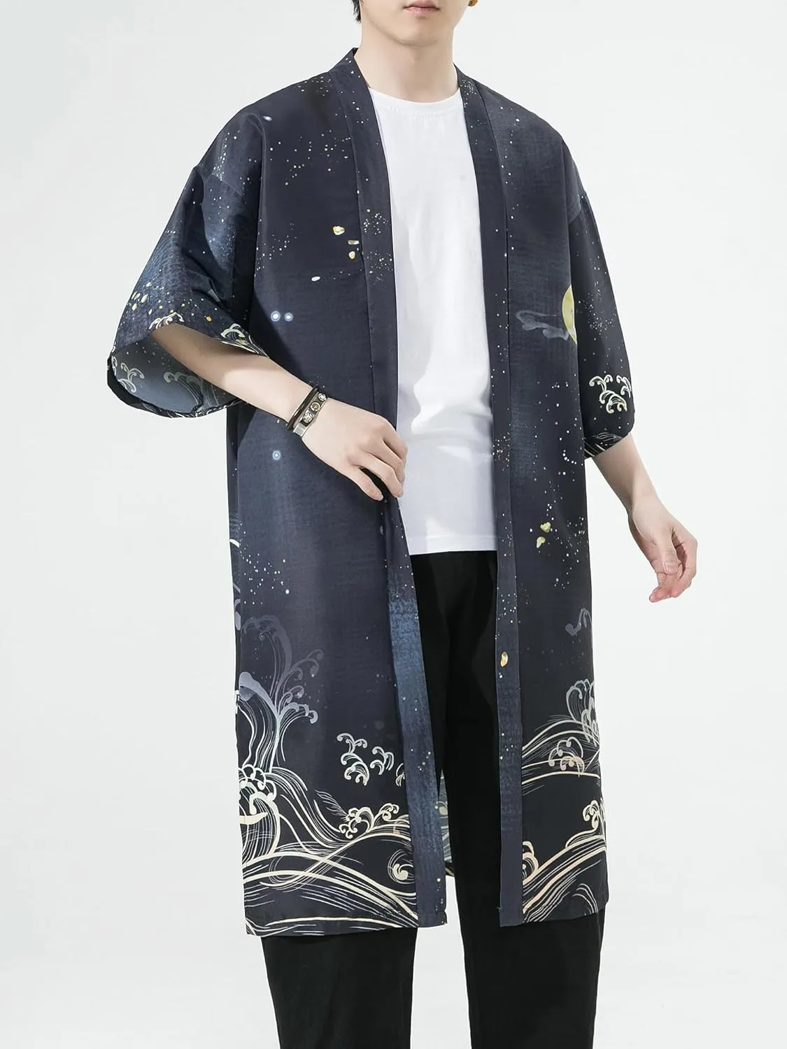 Men Japanese Kimono Coat Loose Yukata Outwear Long Bathrobe Tops Vintage