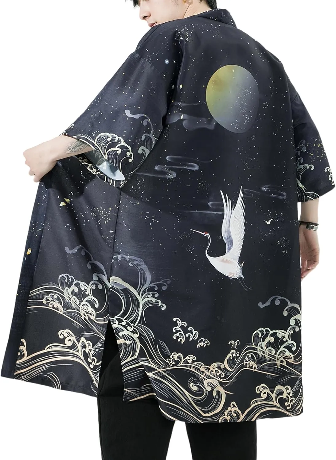 Men Japanese Kimono Coat Loose Yukata Outwear Long Bathrobe Tops Vintage