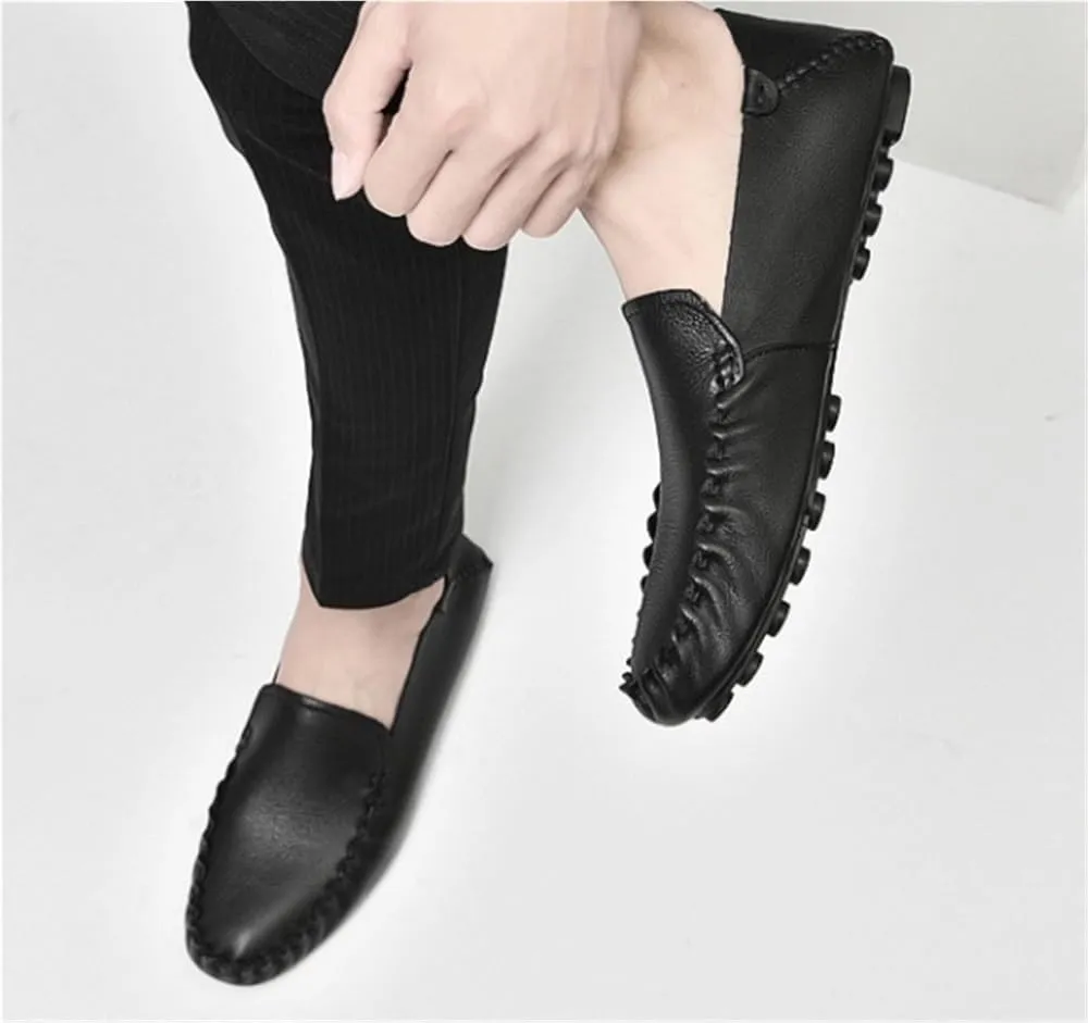 Men's Loafers Shoes Genuine Leather Rubber Sole Round Toe Simple Anti-Slip Comfortable Flexible Party Slip-ons