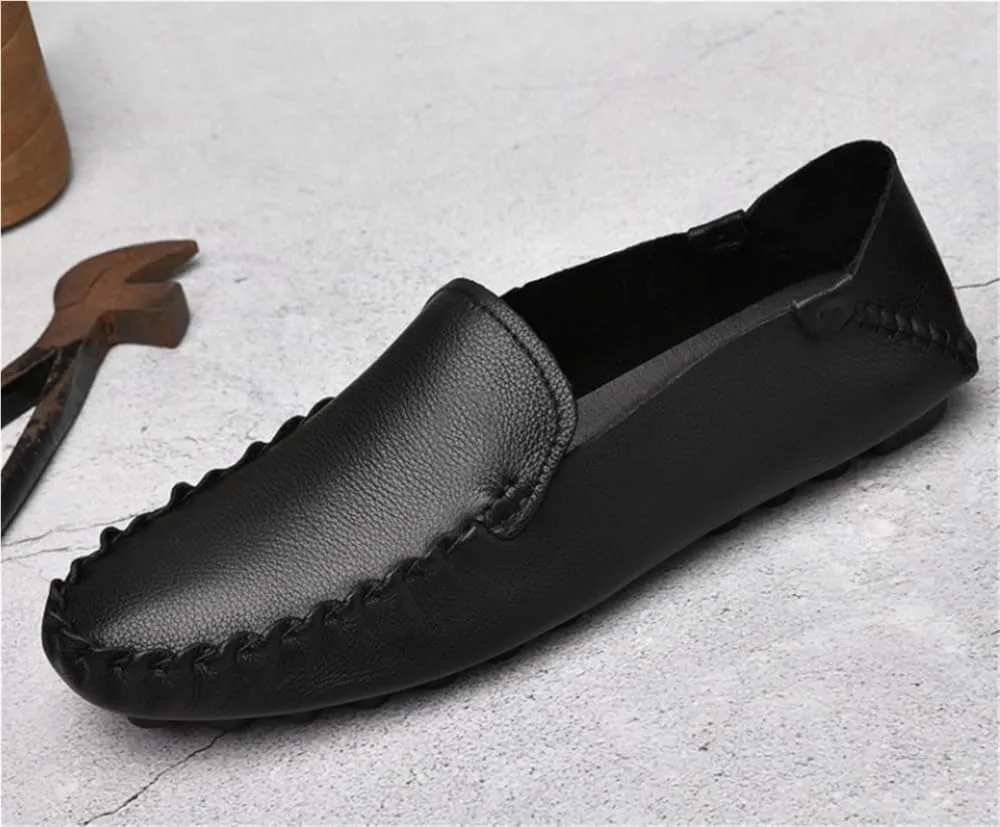 Men's Loafers Shoes Genuine Leather Rubber Sole Round Toe Simple Anti-Slip Comfortable Flexible Party Slip-ons