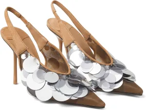Mesh Sequin Slingback Heels for Women Pointy Toe Plastic Disc High Heeled Sandals Wedding Party Evening Pumps Shoes