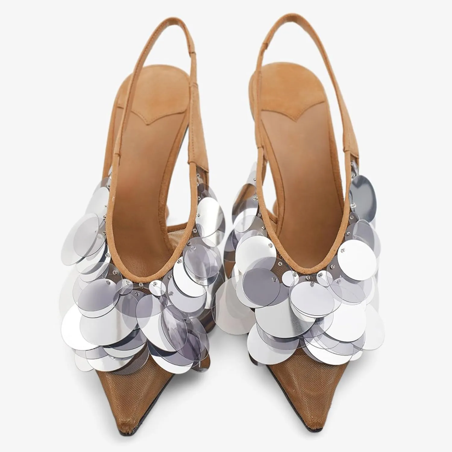 Mesh Sequin Slingback Heels for Women Pointy Toe Plastic Disc High Heeled Sandals Wedding Party Evening Pumps Shoes