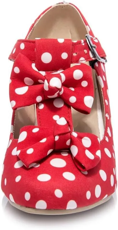 MFairy Women Mid Block Heel Mary Jane Shoes Polka Dot Bow Dress Pumps