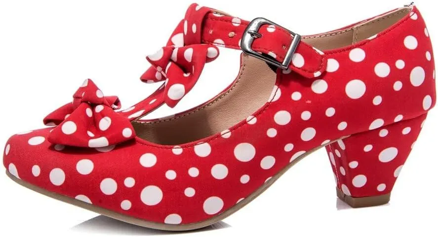 MFairy Women Mid Block Heel Mary Jane Shoes Polka Dot Bow Dress Pumps