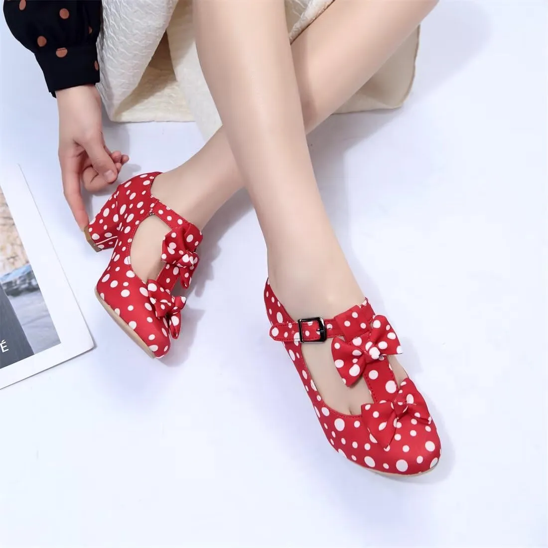 MFairy Women Mid Block Heel Mary Jane Shoes Polka Dot Bow Dress Pumps
